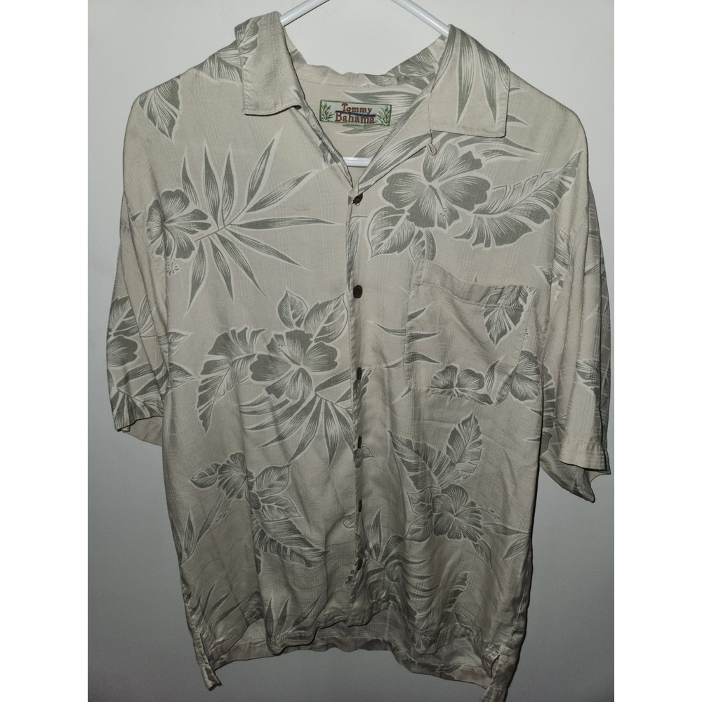 Tommy Bahama Mens  100% Silk Shirt Medium Beige Green Tropical